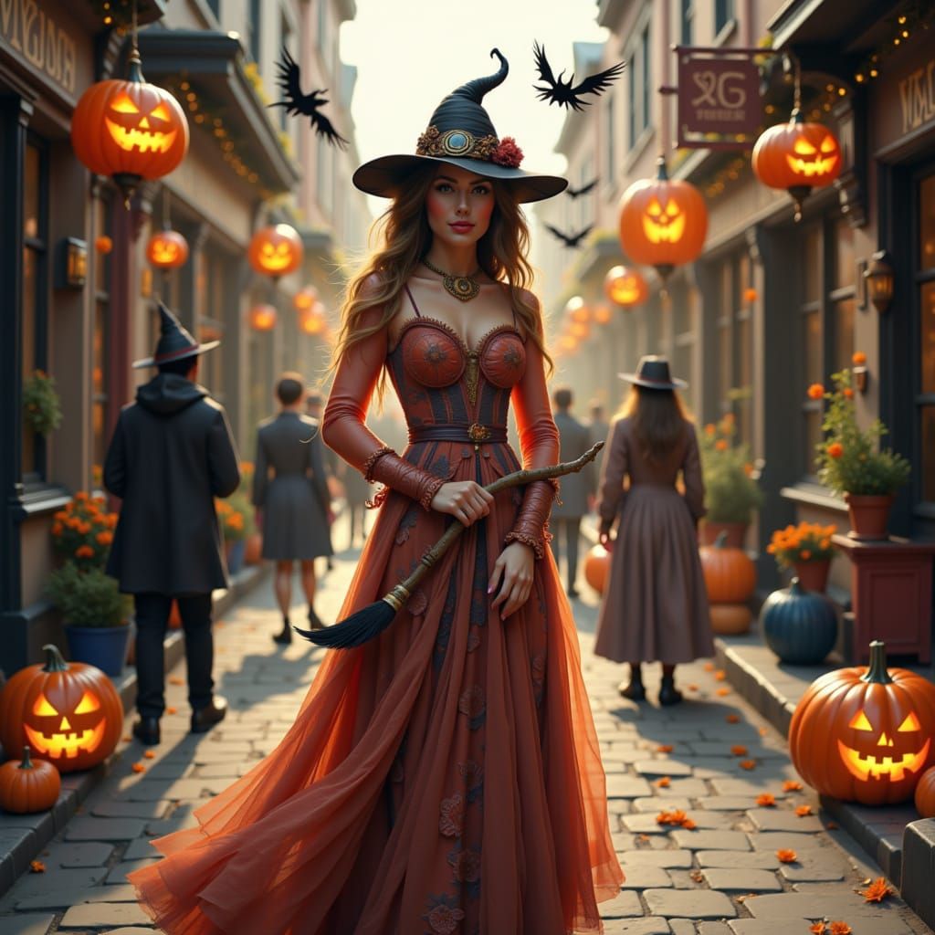 a young woman wears a dress in the style of <lora:Halloweenify:1.0>