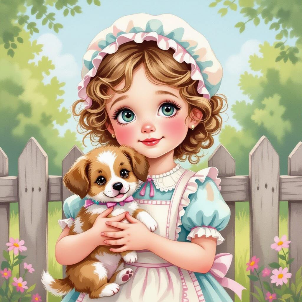 Victorian Girl Holding Puppy in Pastel Drawing Style