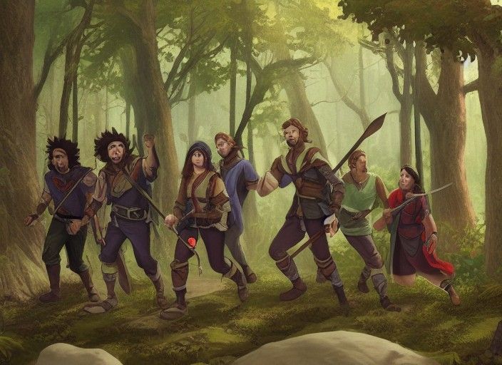 Band of heroic adventurers on a forest path