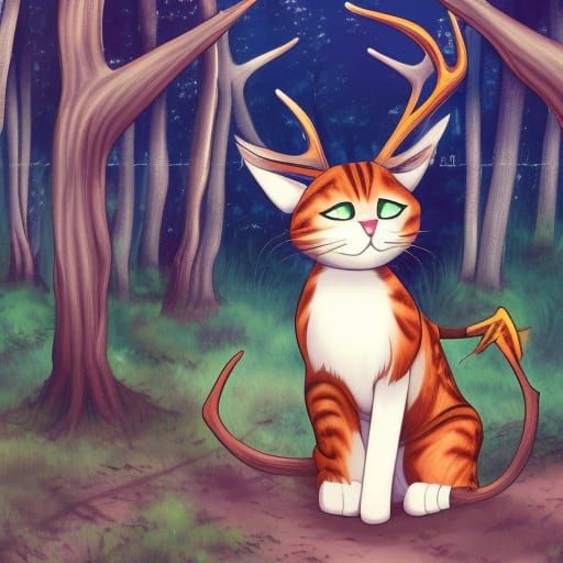 cat with antlers in the woods