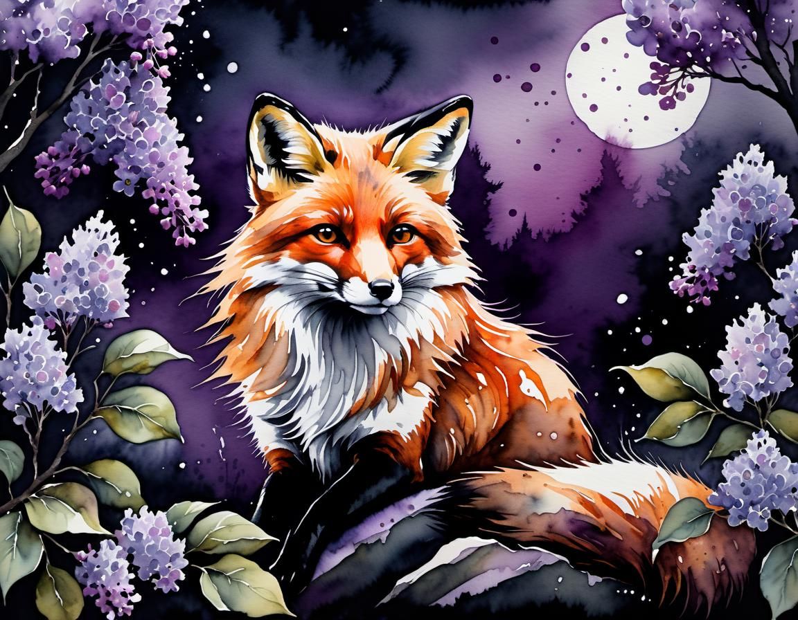 dark, moody, watercolour, ink splash, a fox sitting under a ...