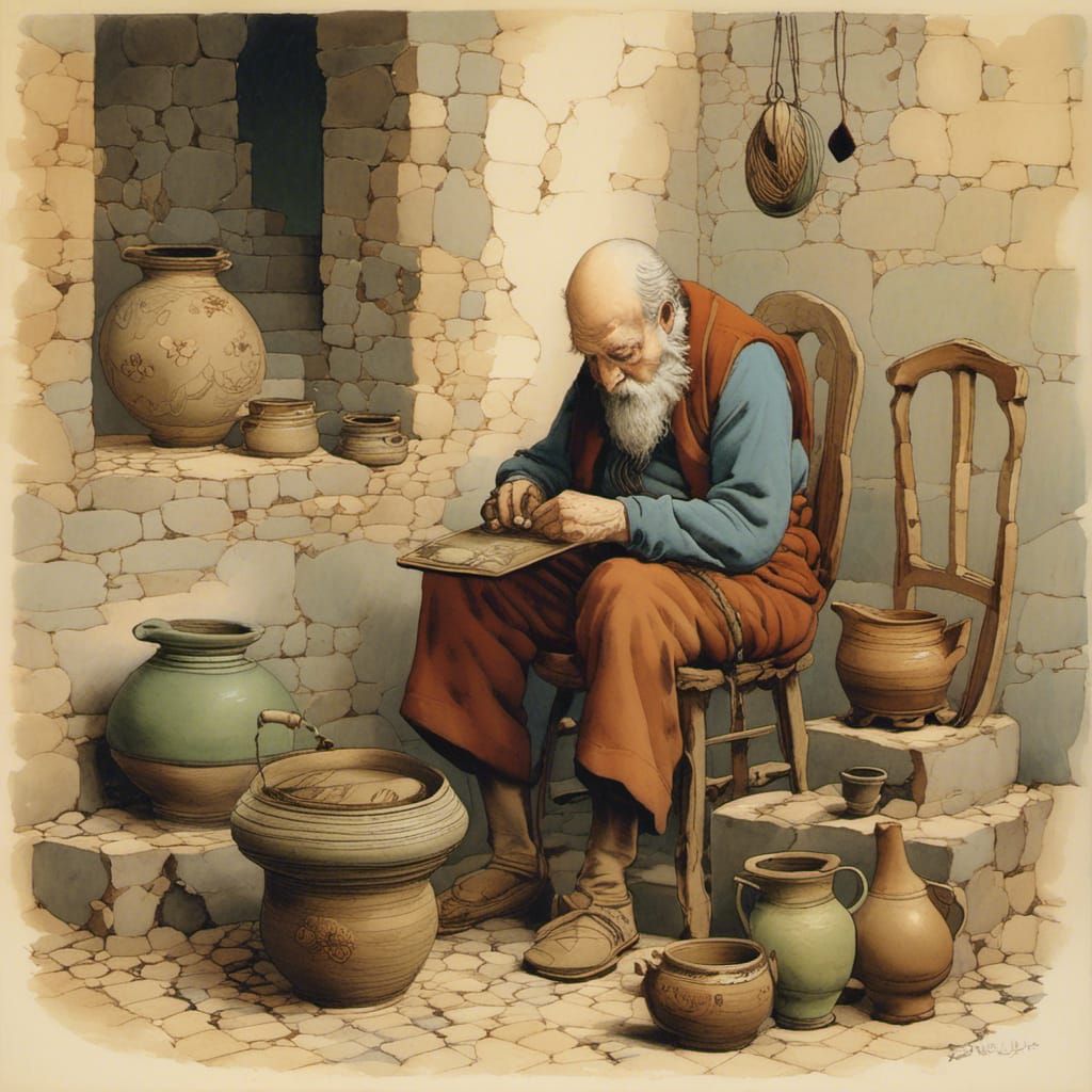 An old man working on a piece of pottery