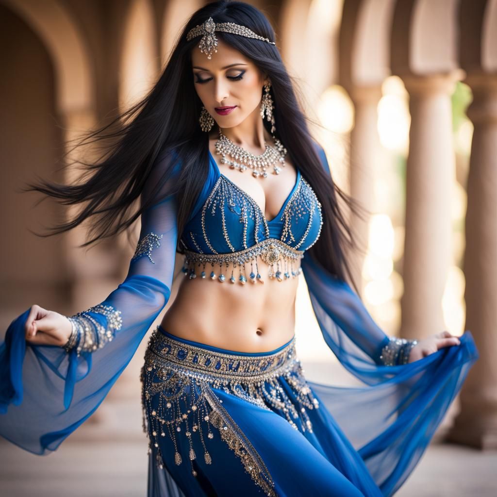 Belly dance, woman, long black hair, blue outfit