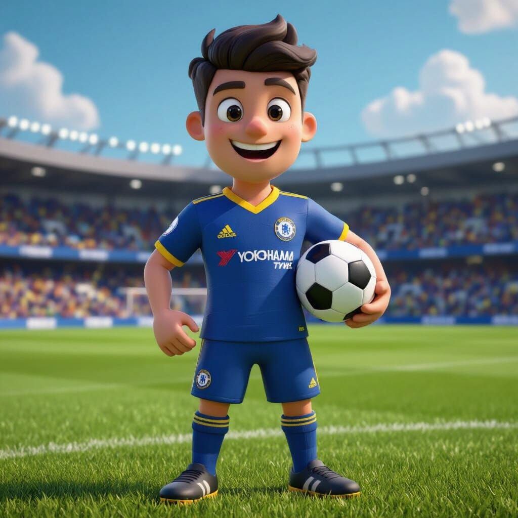 Jogador de futebol estilo cartoon camisa baseada nas cores do Chelsea sem slogan da marca com símbolo do Chelsea mas não original personagem...