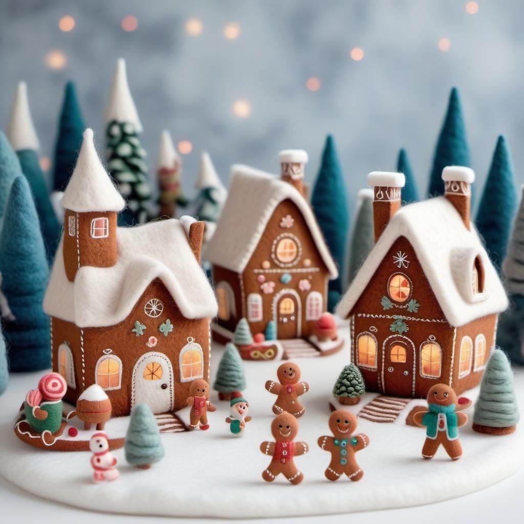 Disney Pixar style 3D adorable felted gingerbread village, w...