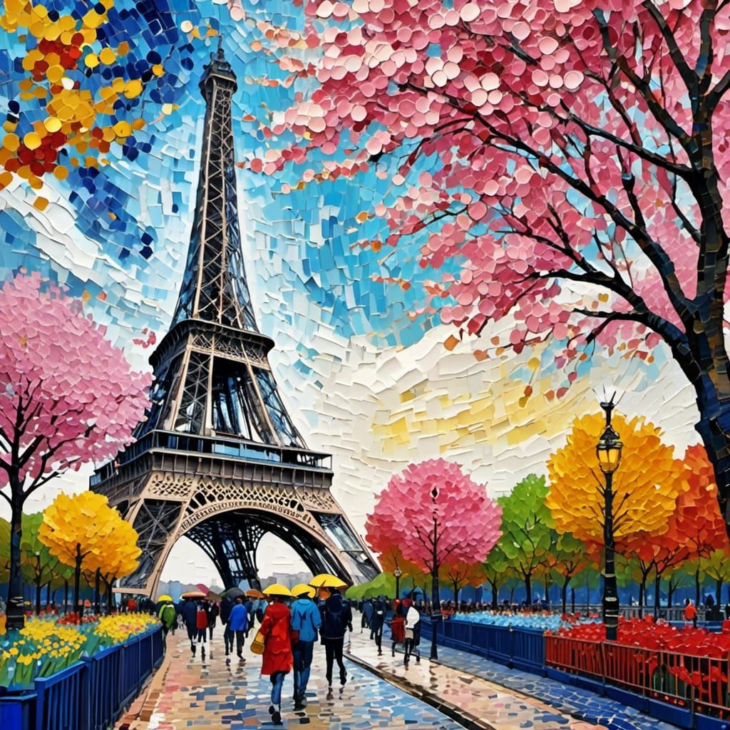 <lora:ColorfulXLv2:1.0> Paris quarter Eiffel tower tress flowers colorful 