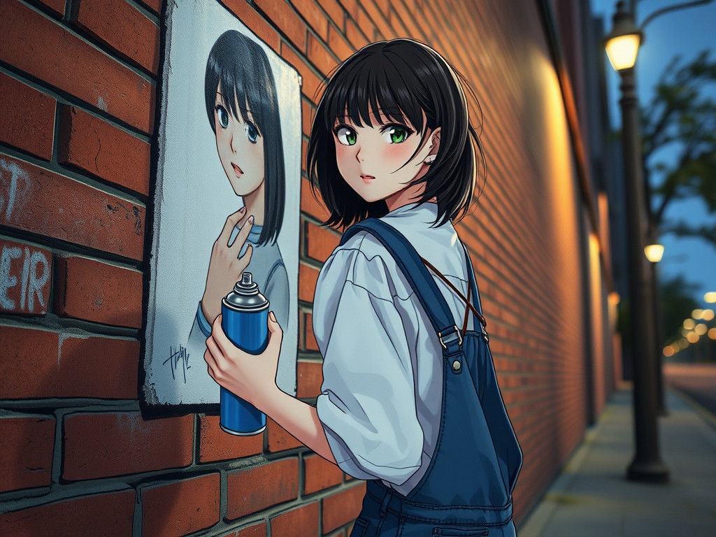 A girl holding a spray can, dressed in a blouse and bib-over...