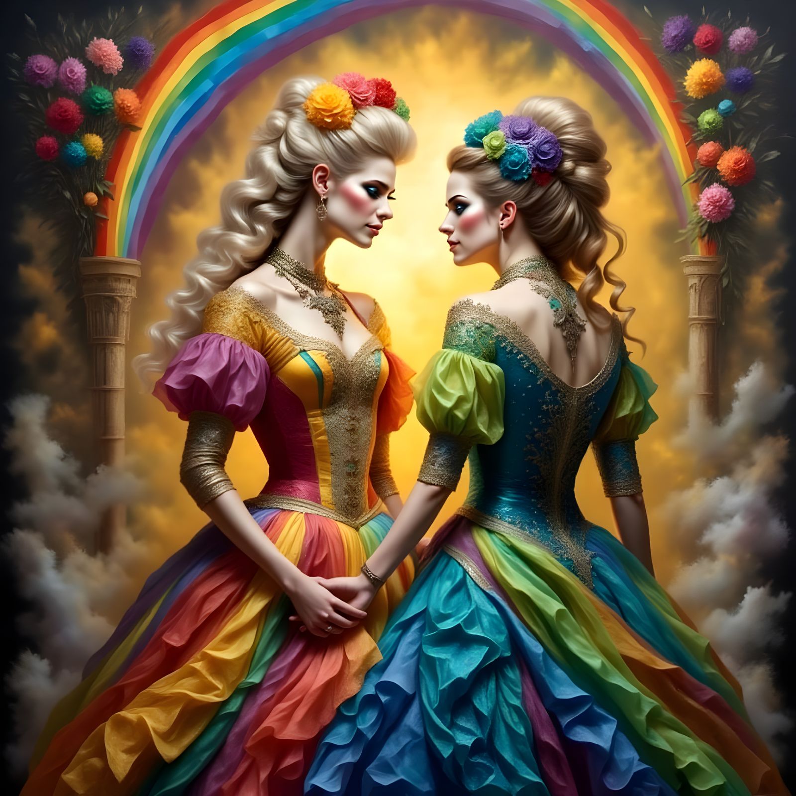 <lora:Rainbow Intensity:1.0> Renaissance style oil painting two lesbian women facing each other,  lesbian romance, young blonde women in a r...