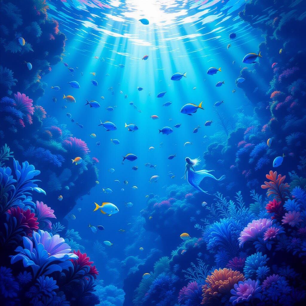 Vibrant Underwater Paradise of Aquatic Life and Merfolk