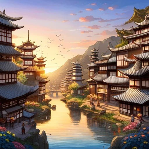 a town of ninja dojos with many different colored trees and ...