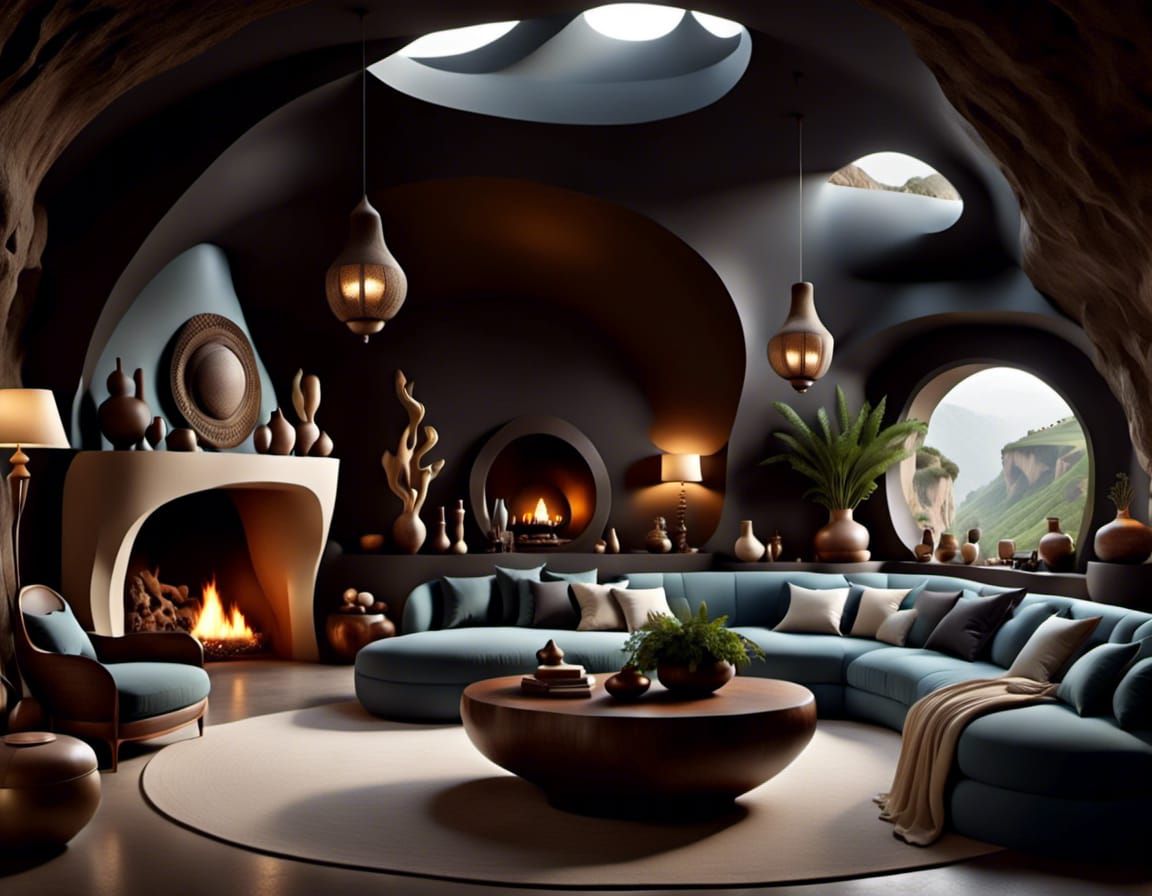 <lora:CaveHome:1.0> living room furnished with decorative vases, ornated lamps, houseplants, a lit fireplace, inbuilt furniture carved from...