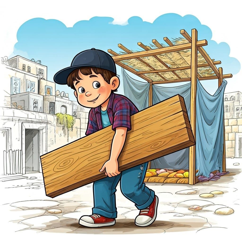 Boy Building Sukkah: Black Ink Illustration