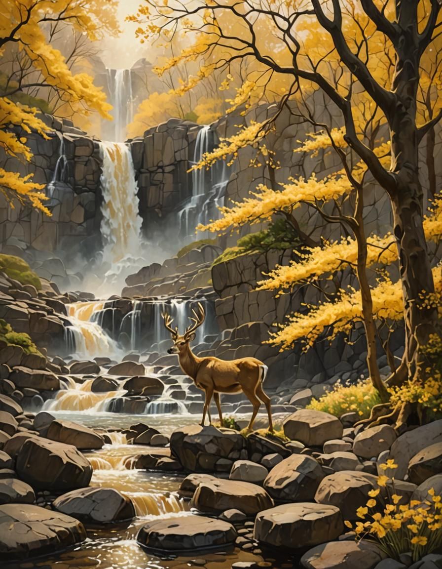 Surrealist Deer in Golden Forest Landscape