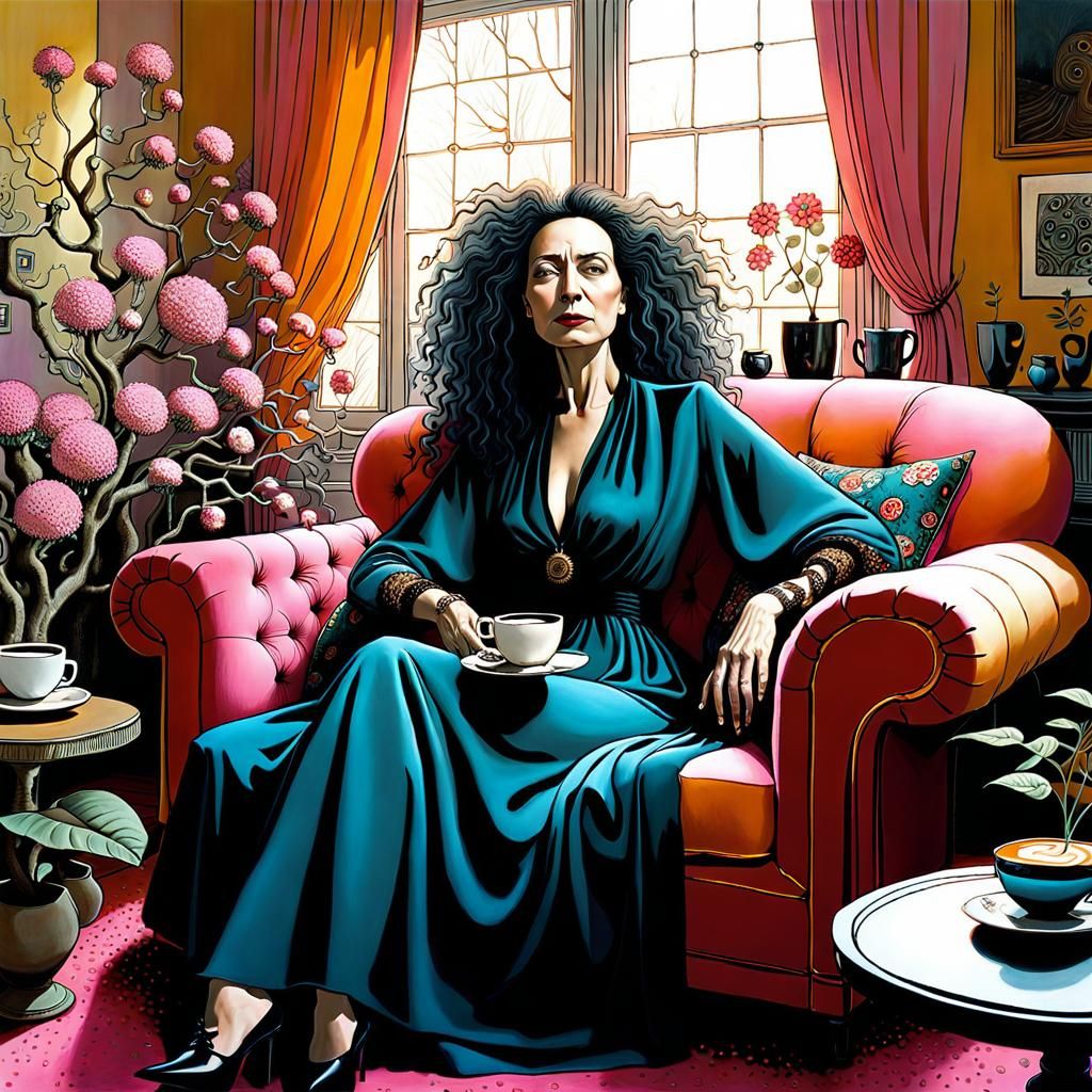 49 year old woman with flowing hair sitting on a sofa with coffee in the sunny bright sunny cluttered ...  by @Just Me