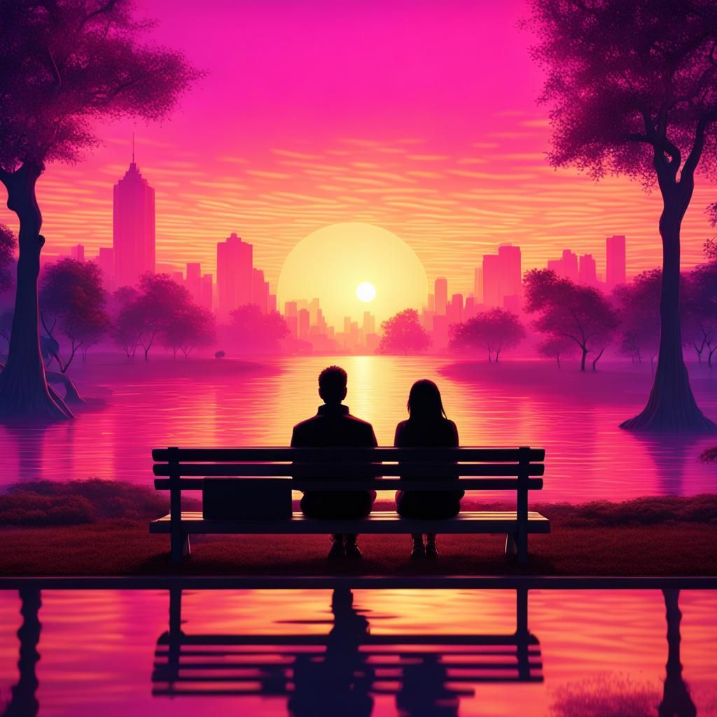 Vaporwave colored sunset with silhouette of couple on a bench in a park  by @Fritholf