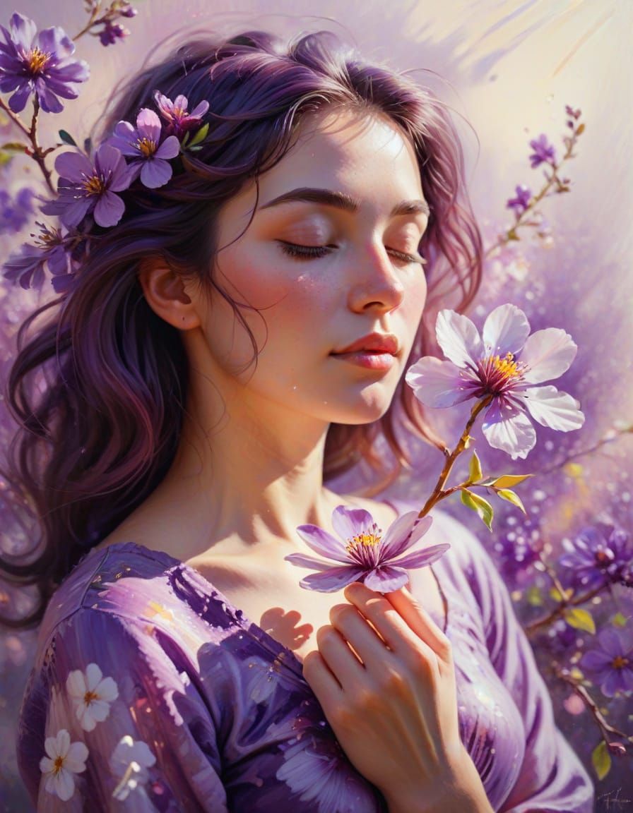 Plum Woman Holding Flower in Impressionism Style