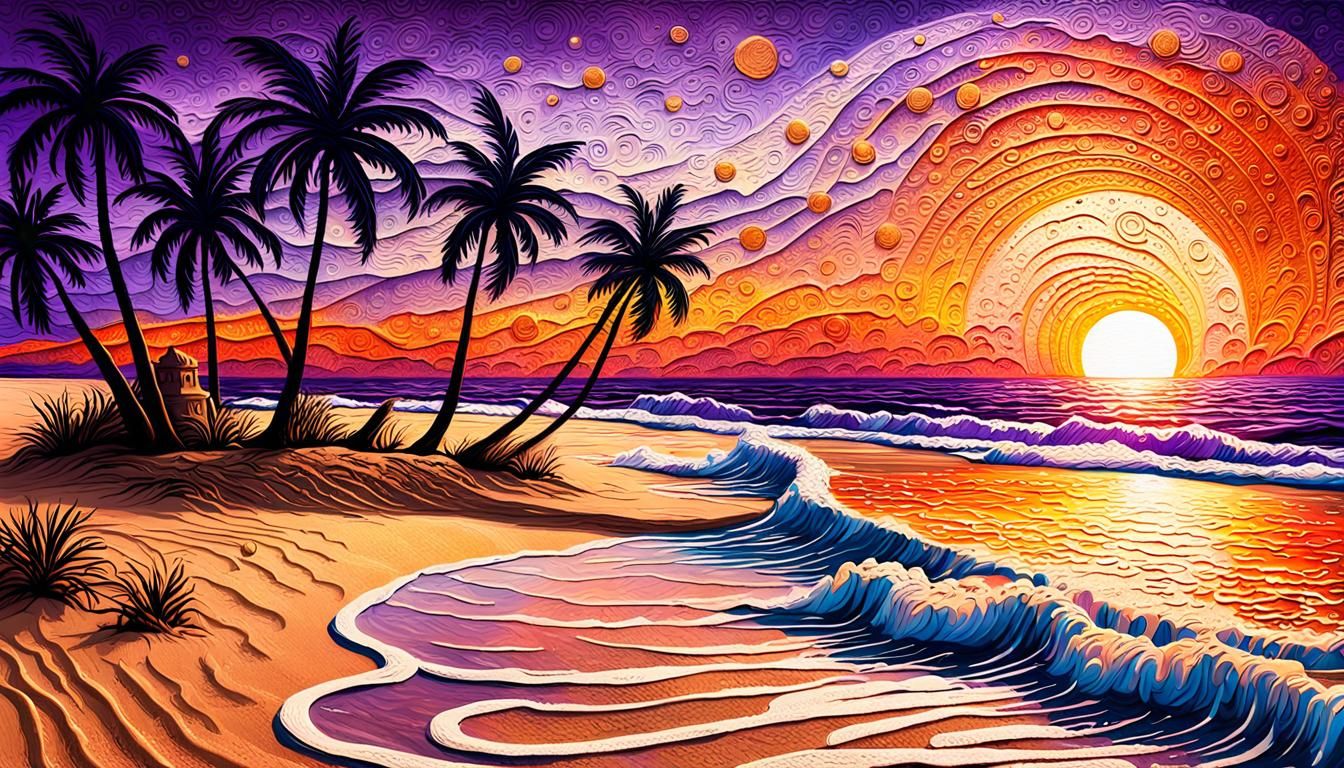 Detailed embossed art of a Stunning sunset on the beach, on aged paper, embossed textured swirling paint, ...  by @Summerchild