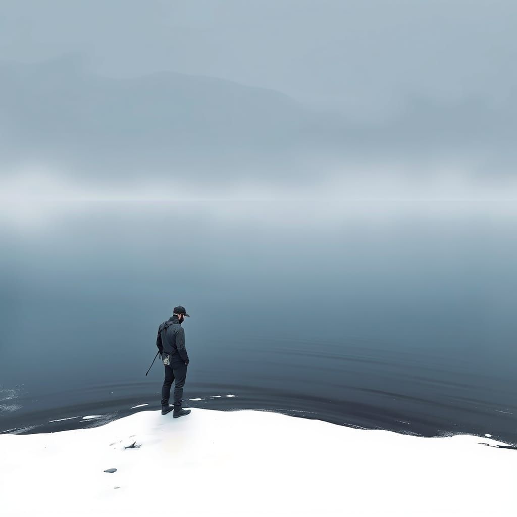 Serene Lake Landscape in Dark Monochromatic Style