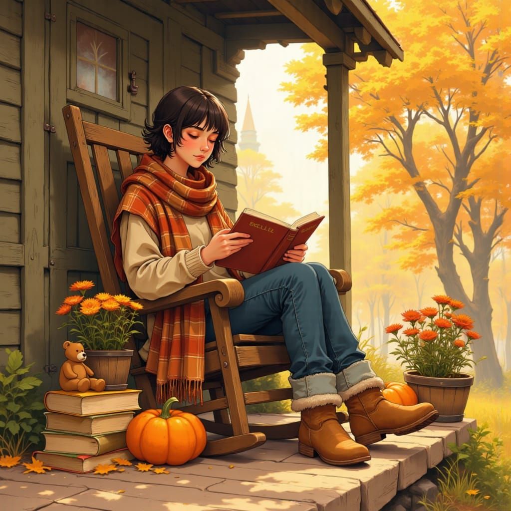 Cozy Autumn Porch Scene with Woman Reading