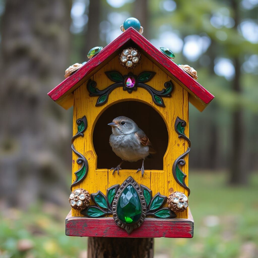 Bird in beautiful bejewled birdhouse  by @VolcanoKatze