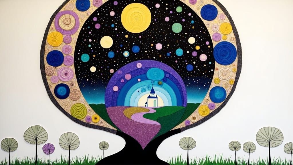 Villagescape at Night/ England /mushroom fairy house/ sage and purple glitter space/ reflection/  infinity/ merging/ future/ space/ supernov...