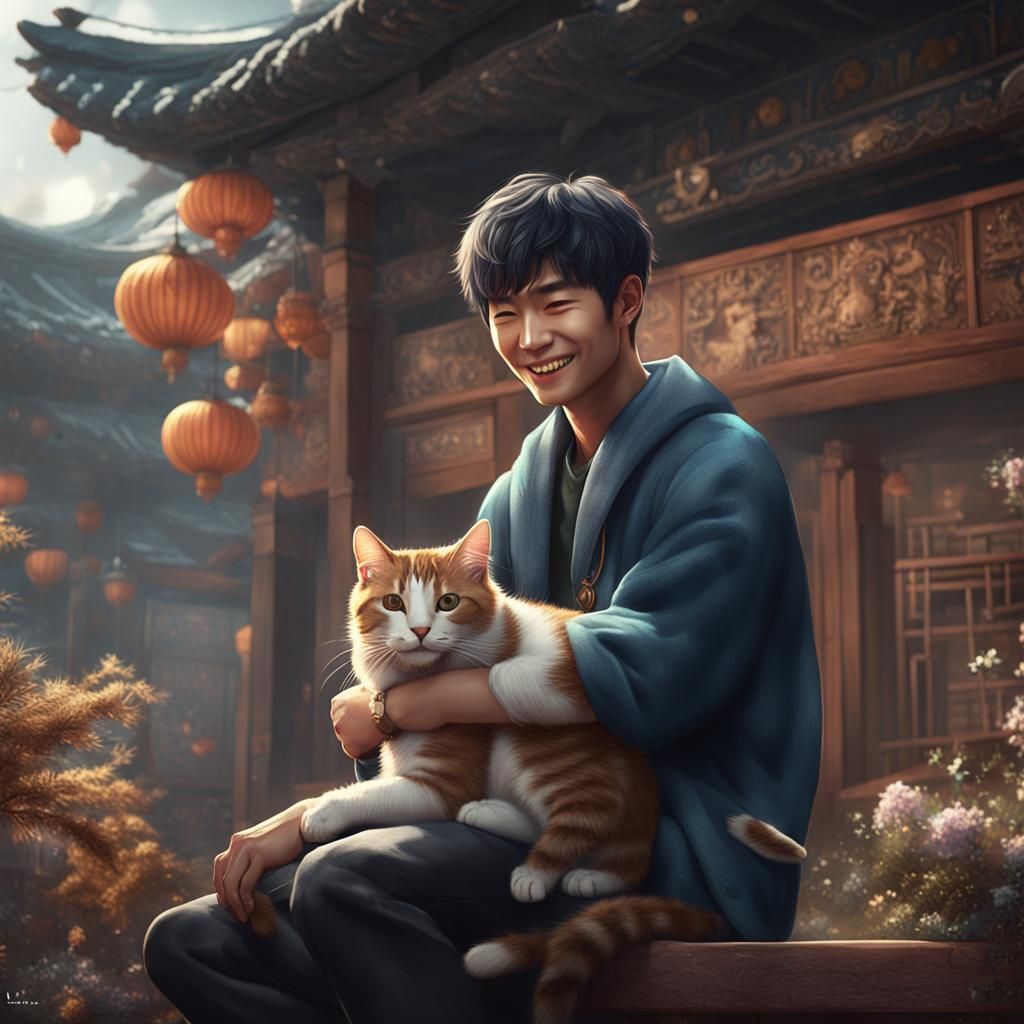 Cute Korean Guy Petting Cat: Detailed Matte Painting