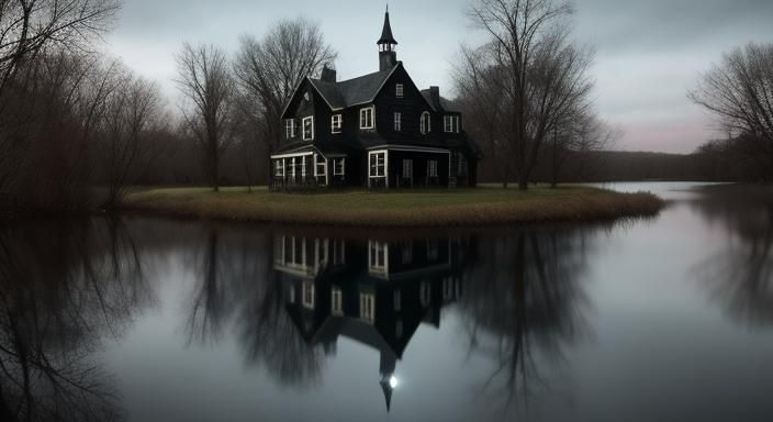 reflections in the water of old eerie house, black sabbath cover album, perfect image, very precise proportions ...  by @aNta