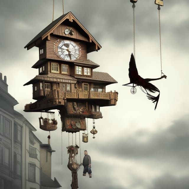 surreal, a giant cuckoo clock suspended over the town, with ...