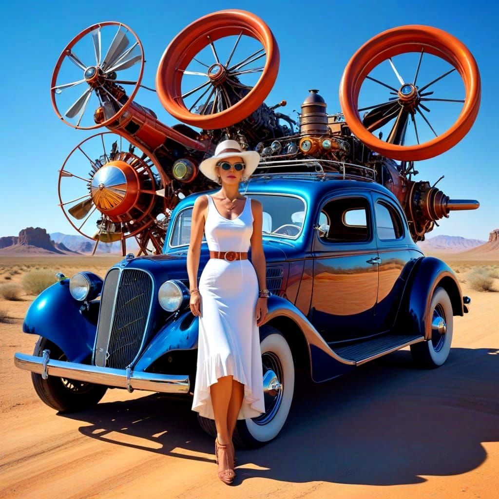 Surreal Antique Car With Beautiful Woman in Desert
