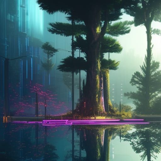 cyberpunk nature, cyberpunk trees, neon glowing cyberplants, glossy lake of oil, wires, concept