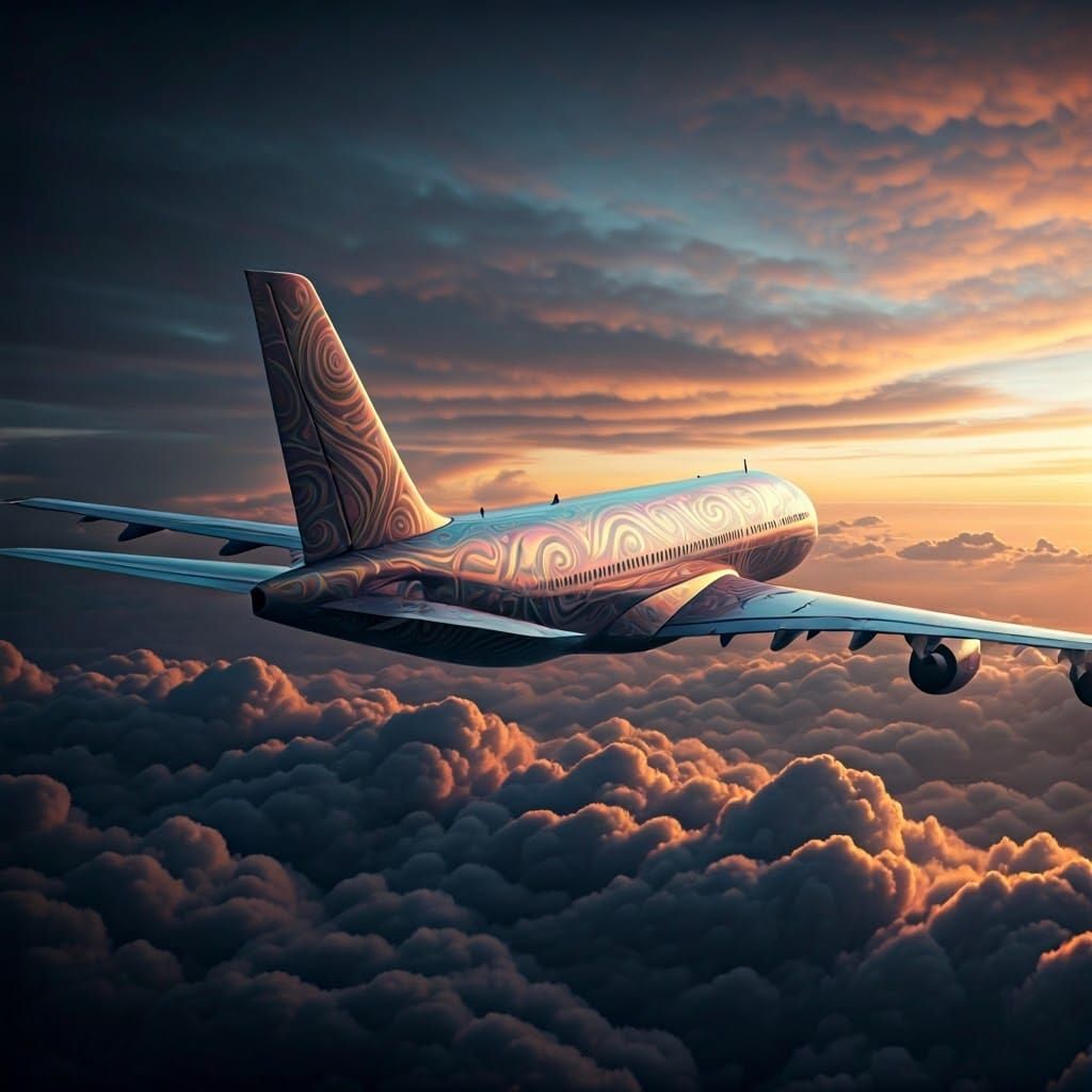 Majestic Iridescent Airplane Soars Through Grey Clouds