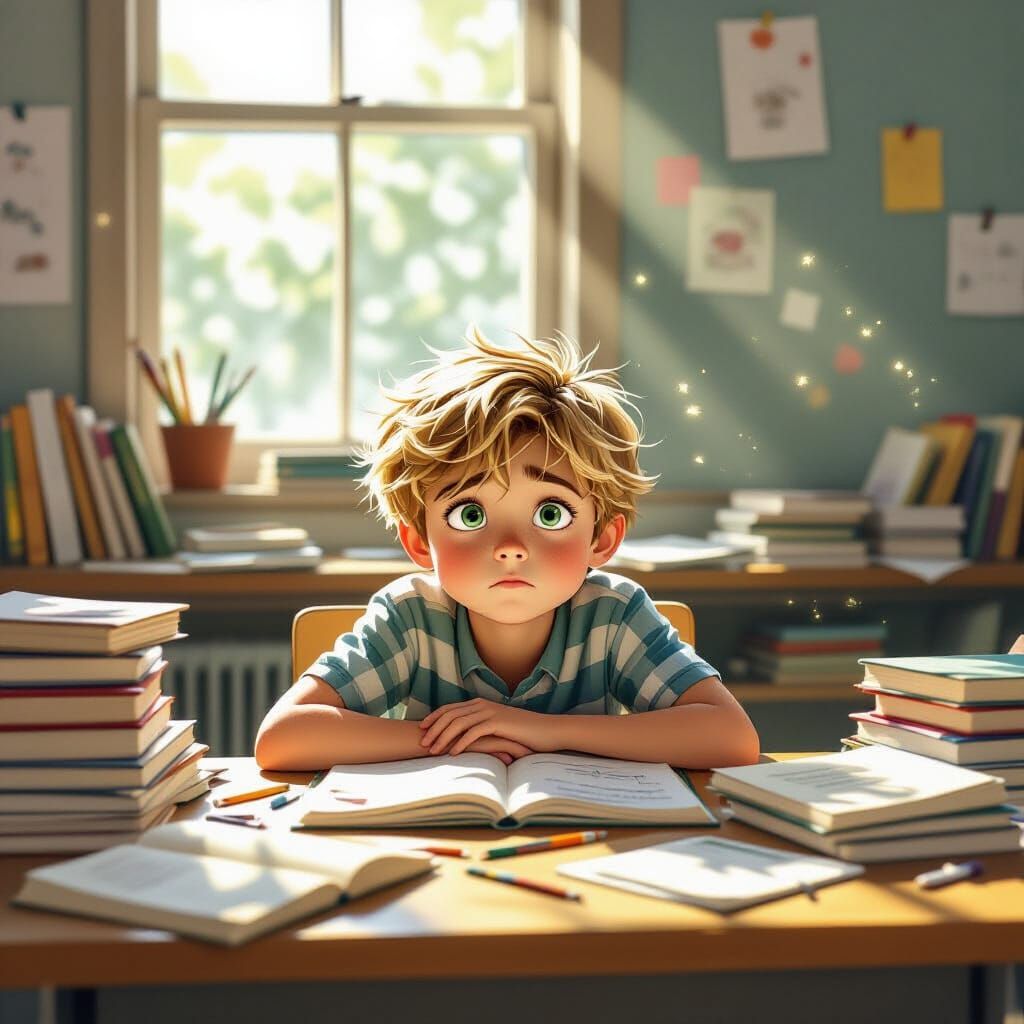 Exhausted Boy Overwhelmed by Study Chaos