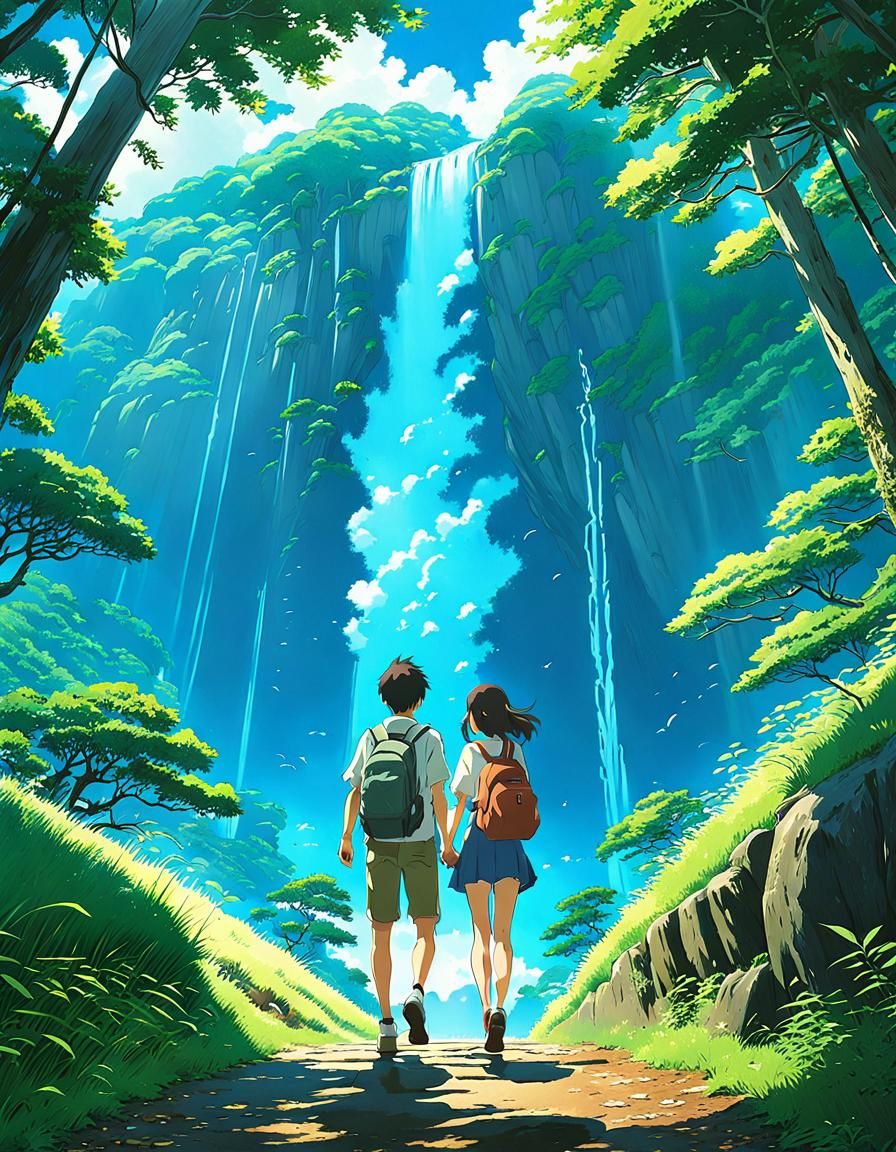 A Teenage Boy-girl Couple Falling Studio Ghibli, Anime Key Visual, By 