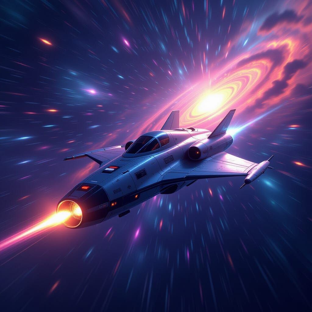 Small space craft hurtling though space with lots of stars shining  by @VeganTrekfan