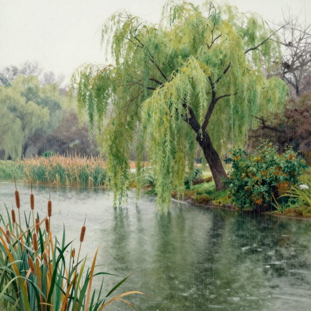 Light rain pattering on a small pond, cattails and bushes around the perimeter, Large weeping willow ...  by @FlibbertyGibbitt