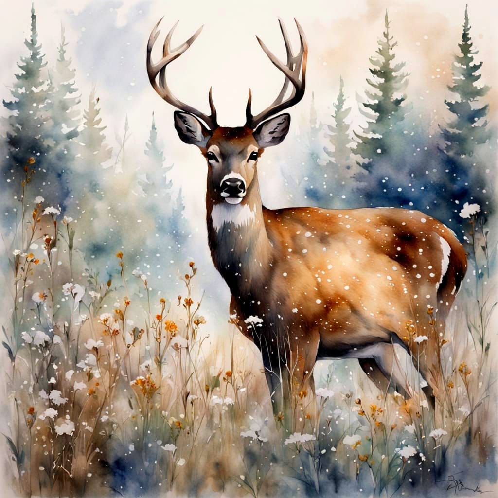 A realistic painting of a deer with antlers.  by @Starlight77