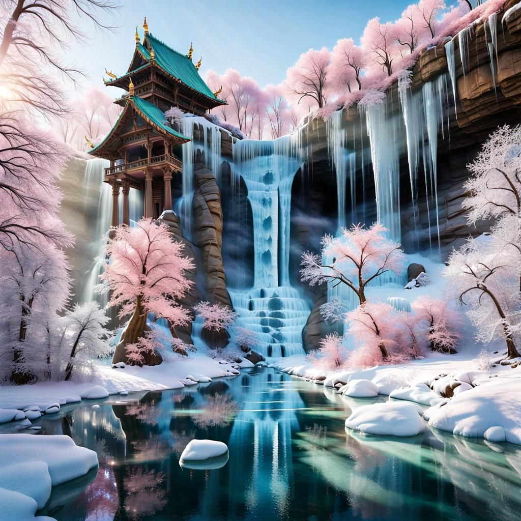 Winter River & Epic Waterfall with Majestic cliff temple in background  by @Kitcalyx