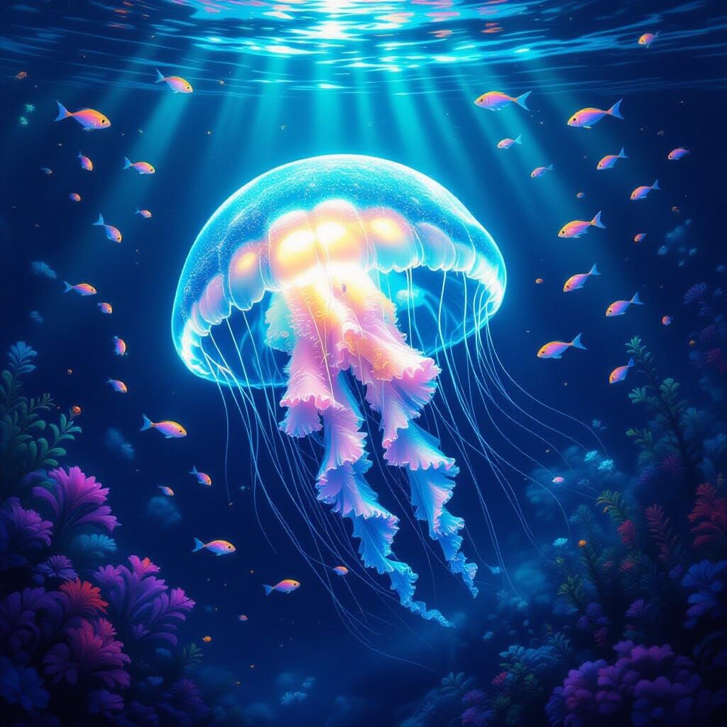 A vibrant, bioluminescent jellyfish drifts through the silent depths of an alien ocean, surrounded by strange, glowing flora and fauna. Scho...