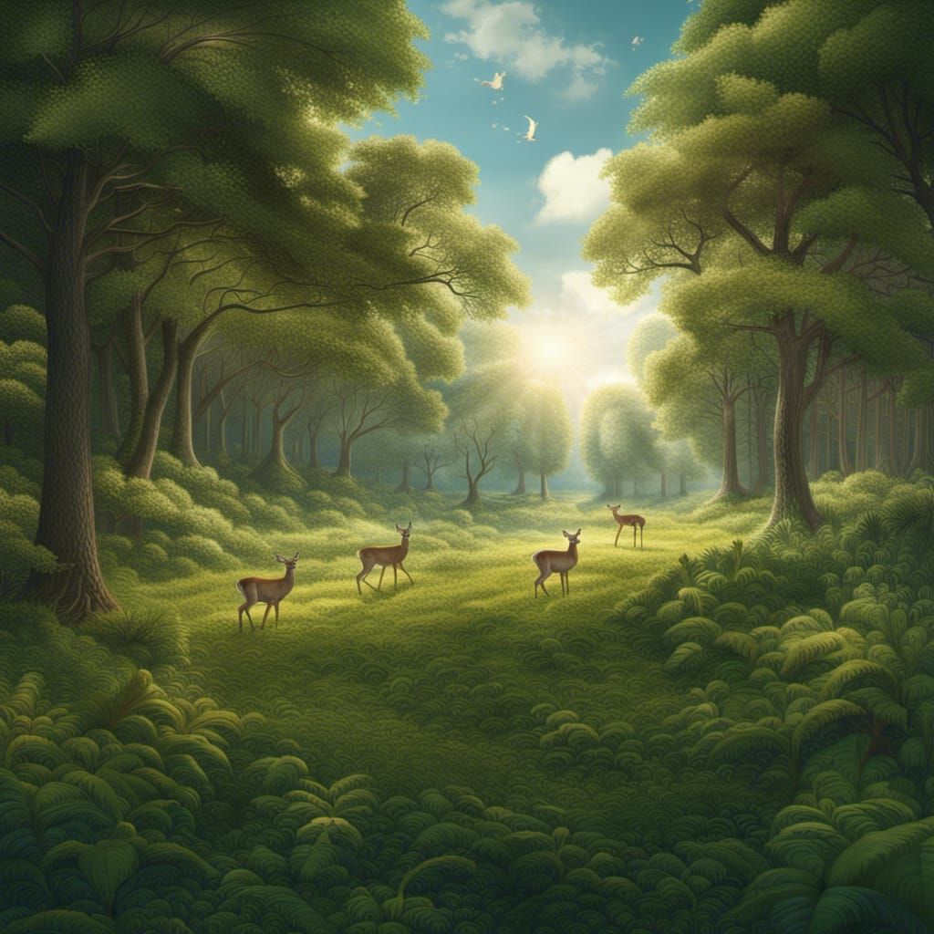 large green forest clearing with deer and fawn under a blue ...