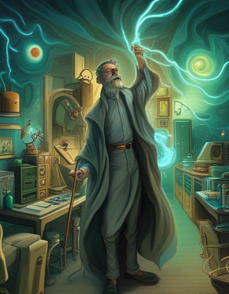 full body, wizard in a labortory, lightning coming from finger tips,   in a lab,  abstract art muted ...  by @earlstringerjr