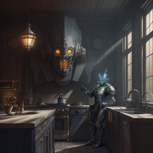 A kindly old school  robot is making his owner's super in ki...