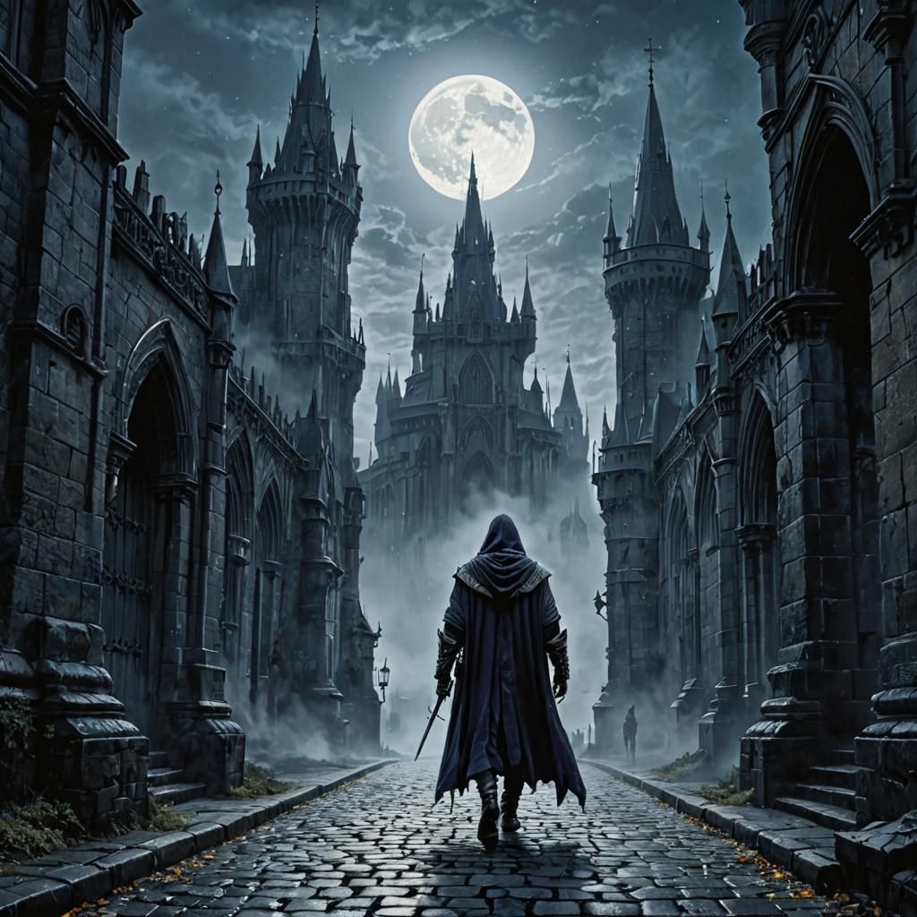 cloaked hooded warrior walking to city gates that has intricate and eerie architecture, gargoyle statues, eerie moon and mist and shadows