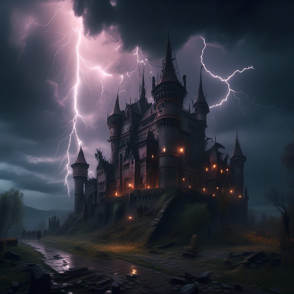 <lora:Thriller Fantasy:1.0>Insanely detailed stormy castle, lightning, dark sky, intricate and hyperdetailed photograph by Ismail Inceoglu...