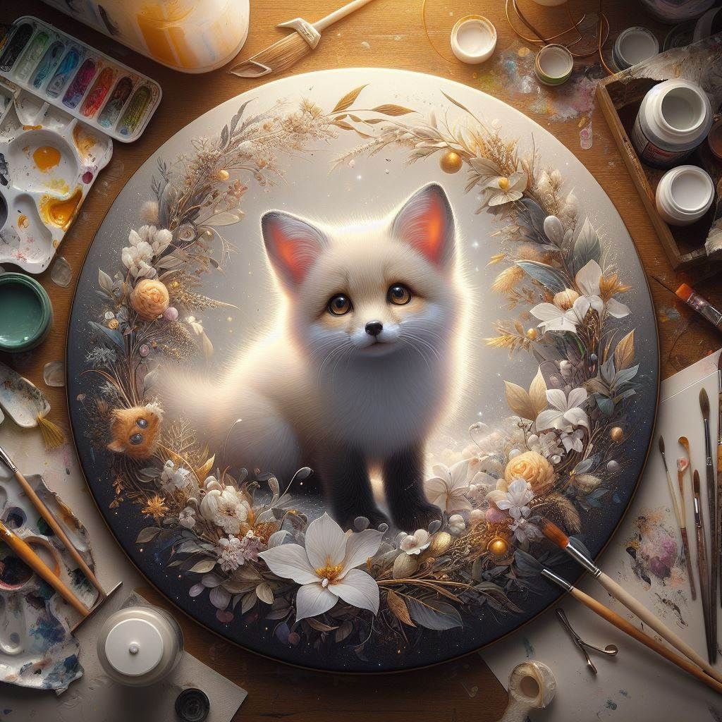 Fox pup inside a canvas with gold flowers