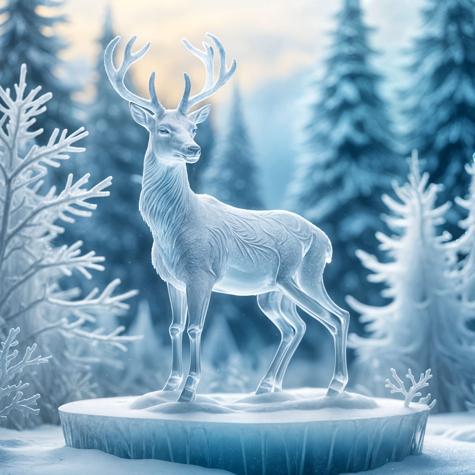 A winter-themed scene that features a majestic ice sculpture...