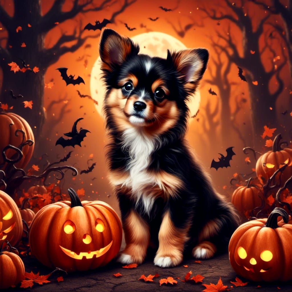 <lora:Cutie Pie Halloween:1.0> cute puppy halloween digital illustration 
