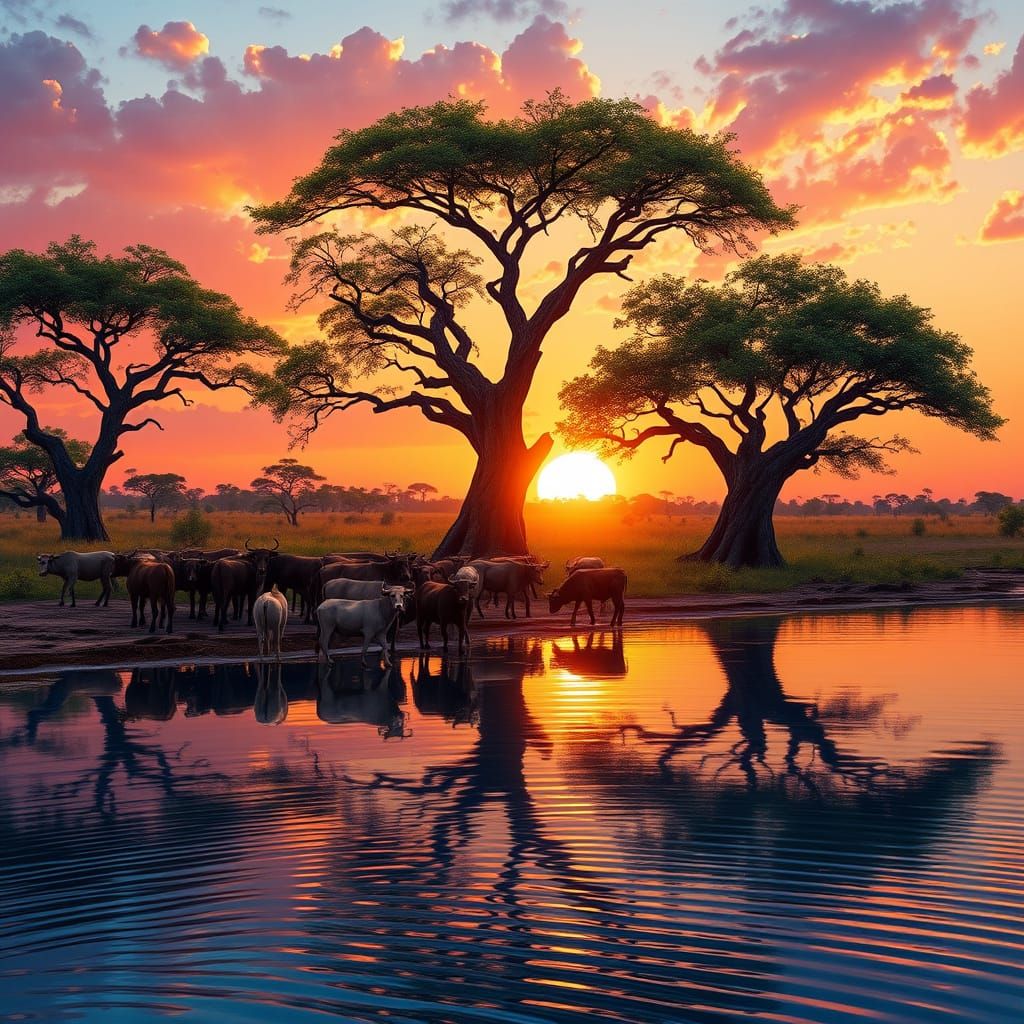 A African sunset in the banks of a river and cows drink from a river with a few trees the sun reflection ...  by @Zwelinzima 