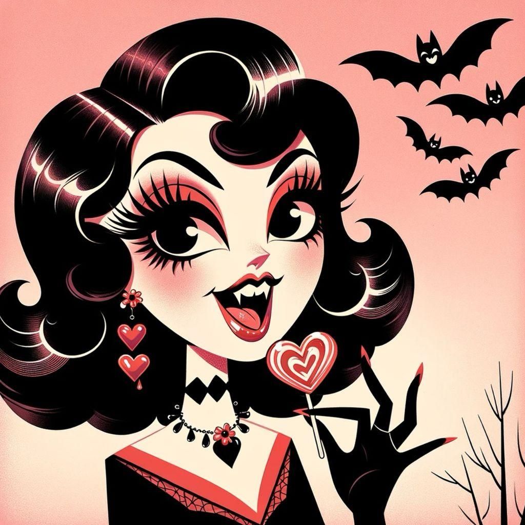 Create an illustration of a stylized female character with e...
