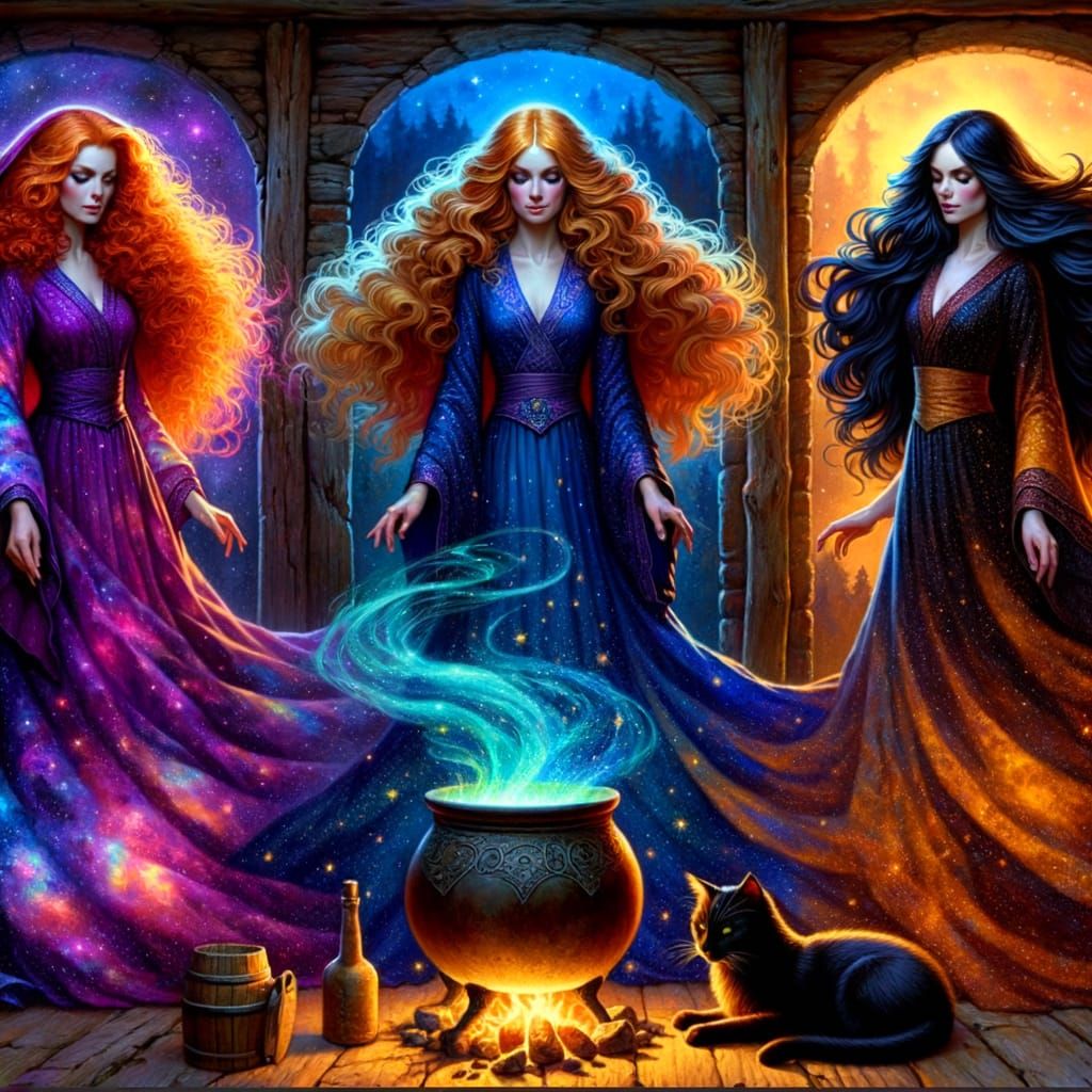 Create a detailed image of three witch sisters of different ...