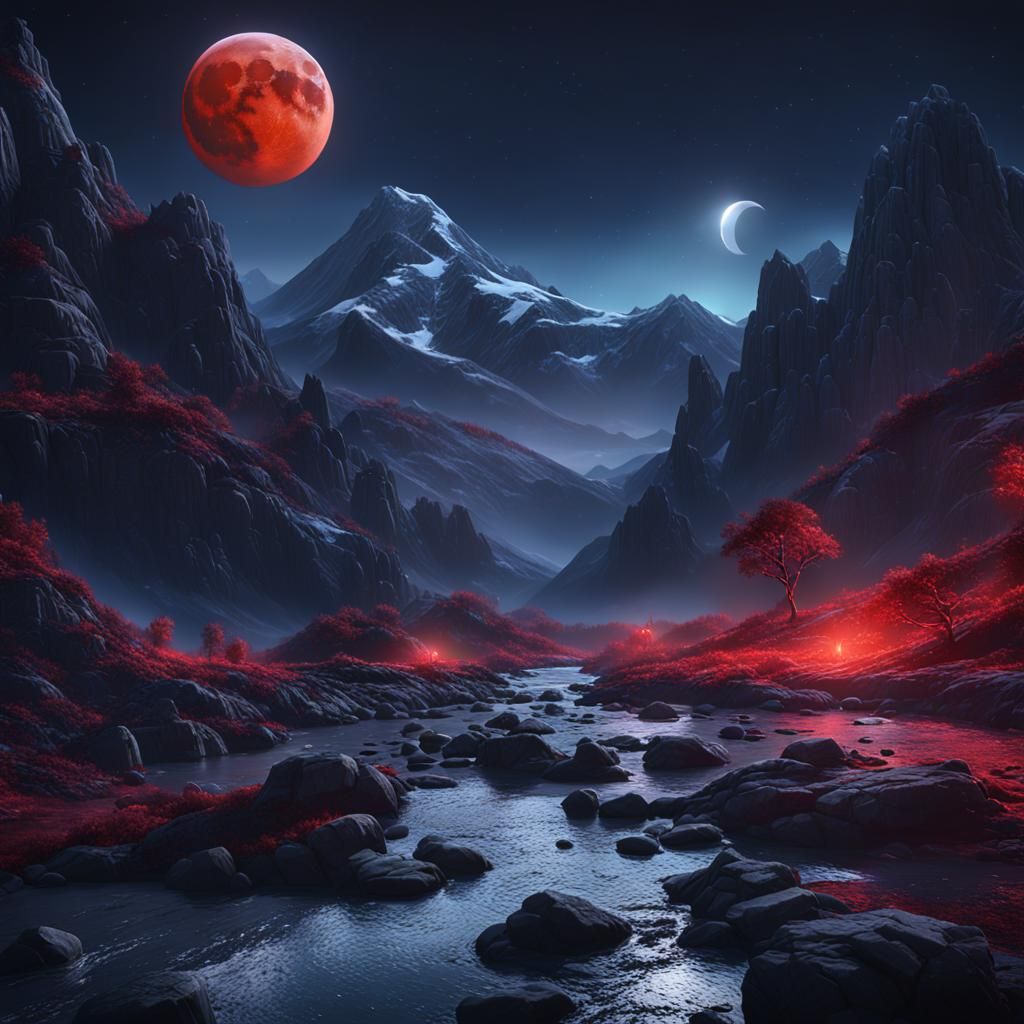 Night Landscape with Red Moon, Fantasy Concept Art
